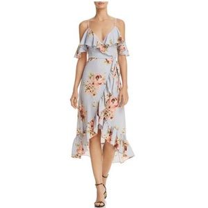 Aqua Cold Shoulder Ruffle Floral Wrap Dress